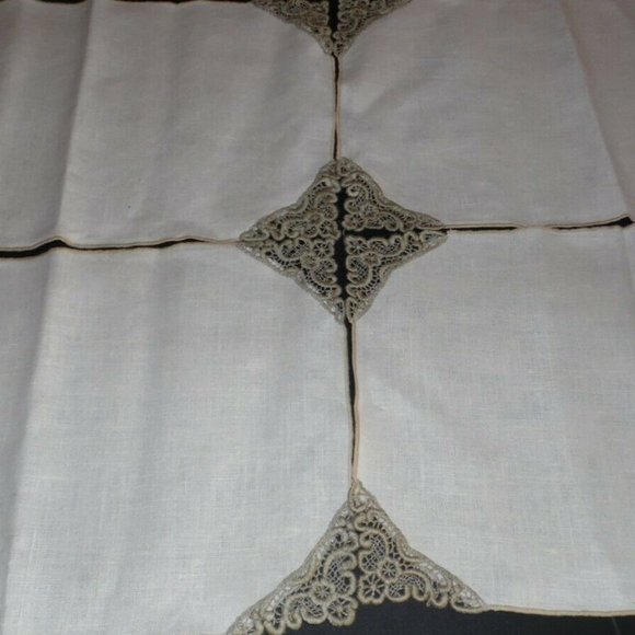 VINTAGE LINEN FLORAL CROCHET TABLE NAPKINS ECHRU/DK TAN 4 PC - Picture 5 of 5